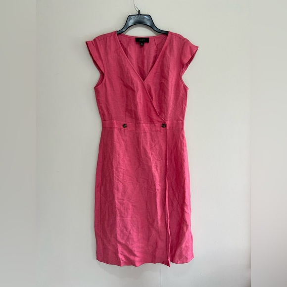 J. Crew Linen Cupro V-Neck Cap Sleeve Sheath Wrap Dress in Pink Coral, size 8T - Picture 1 of 9